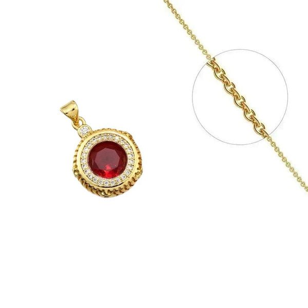 Goldene Halskette und roter Rosettenanhänger, verziert mit eingefassten Zirkoniasteinen