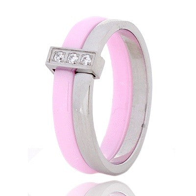 Women's Ceramic Ring - Pink and Silver - CZ