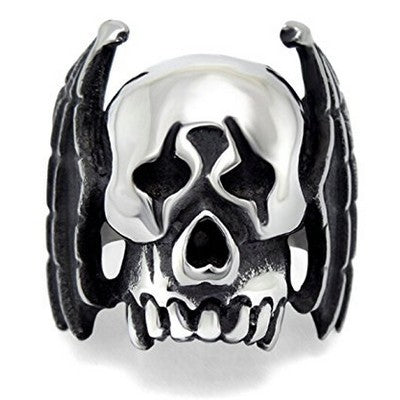 316 Stahlring - Silberfarbe - Totenkopf + Flügel
