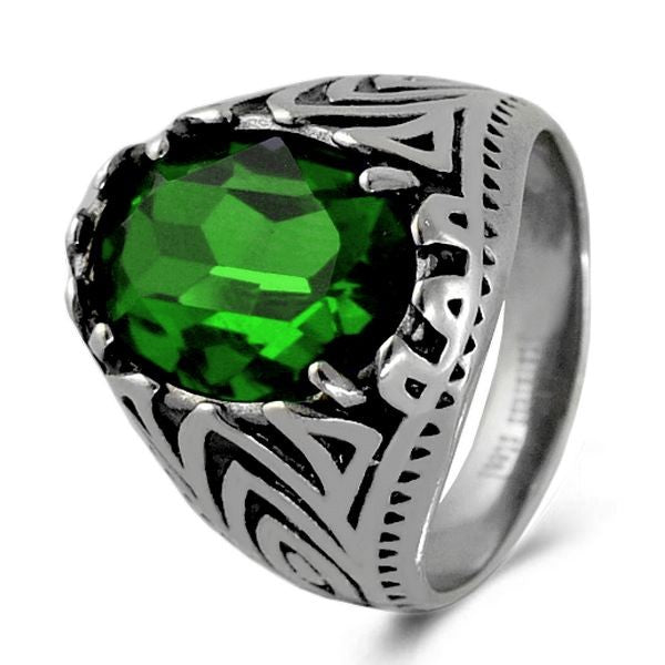 Men's ring - 316 stainless steel - Green cz diamond