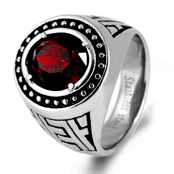 Men's ring in 316 steel - Silver color - Red stone