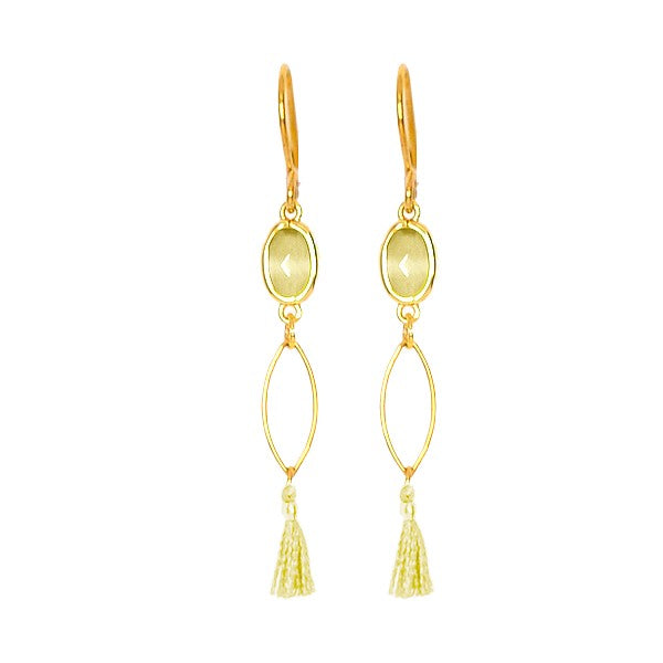 Women's earrings with natural stone, pompom and beige gemstone