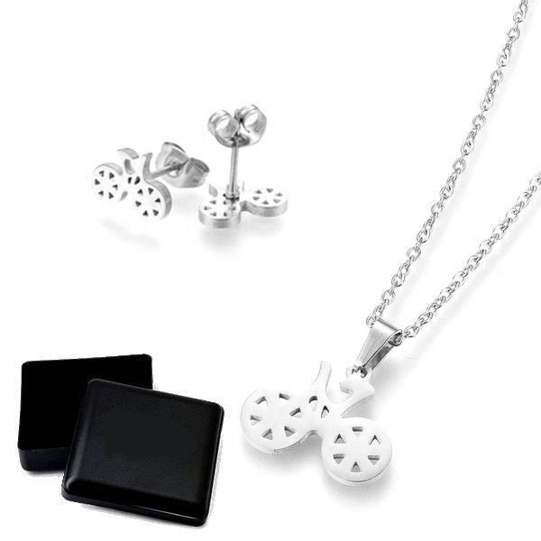 Silver bicycle necklace &amp; earrings set
