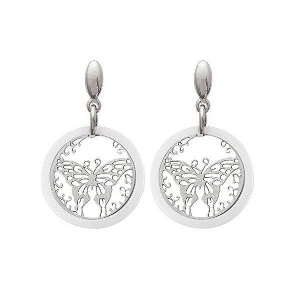 Steel and white ceramic butterfly earrings