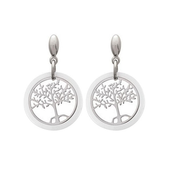 Steel and white ceramic tree of life earrings