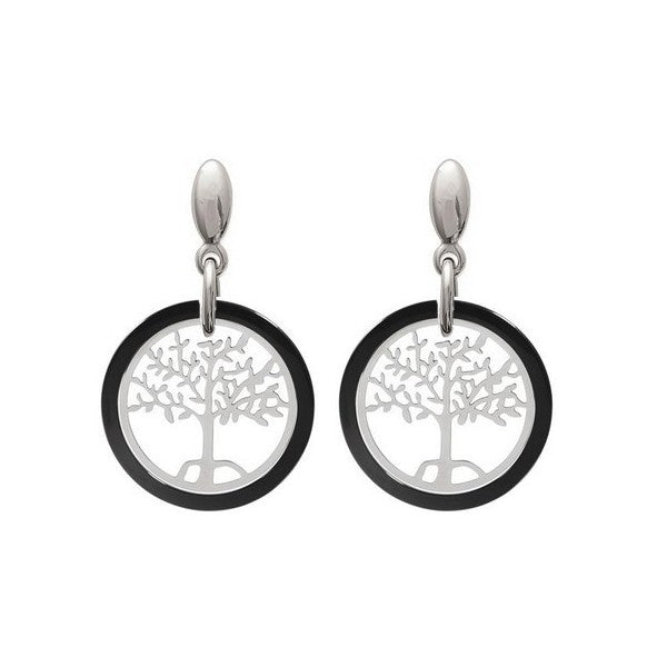 Steel and black ceramic tree of life earrings