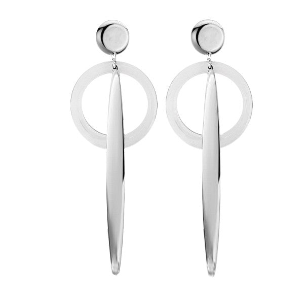Steel and white ceramic drop circle earrings