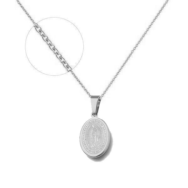 Stainless steel necklace with chain and silver Virgin Mary pendant
