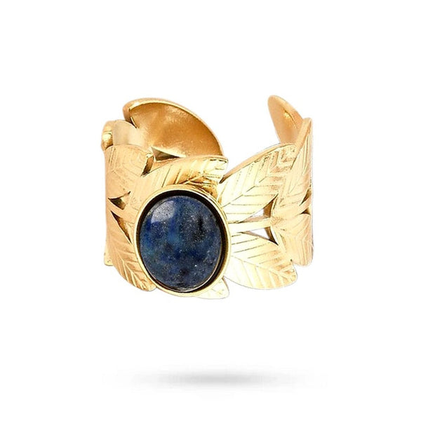 Women's rings stainless steel leaf natural stone lapis lazuli