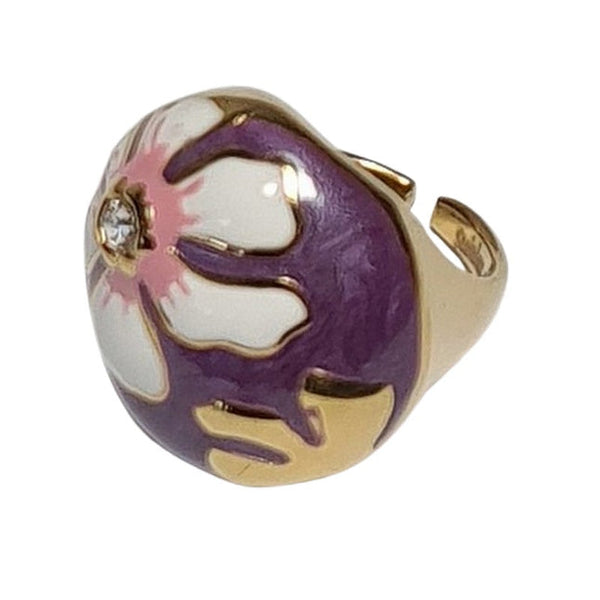 Vergoldeter Edelstahlring mit lila-weißer Emaille-Blume