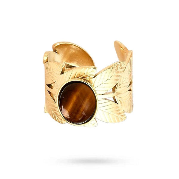 Women's rings stainless steel leaf natural stone tiger's eye