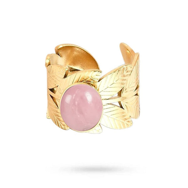 Women's rings stainless steel leaf natural stone rhodonite