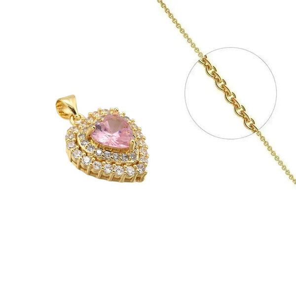 Goldkette und hübscher rosa Herzanhänger, verziert mit eingefassten Zirkoniasteinen