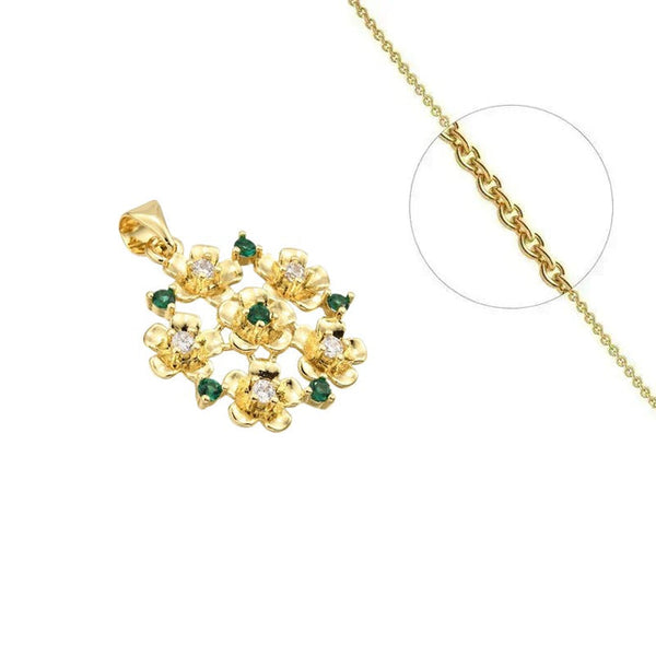 Goldkette und Anhänger mit einer Vielzahl grüner Blumen, geschmückt mit eingefassten Zirkoniasteinen