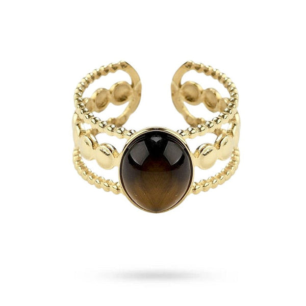 Women's rings stainless steel 3 rows natural tiger's eye stone