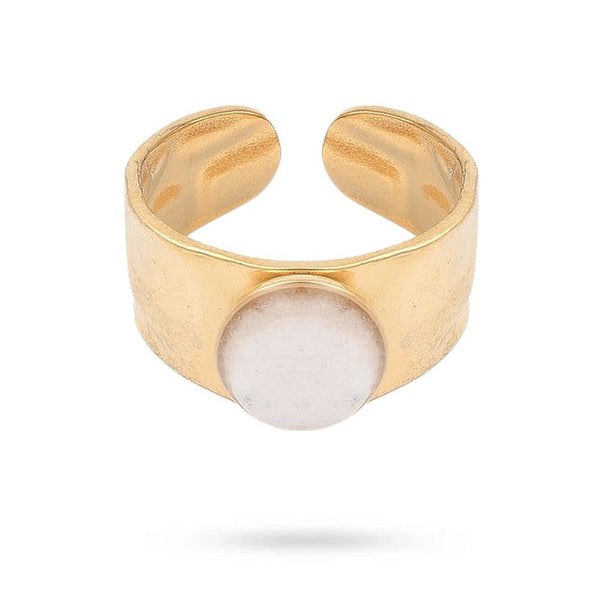 Women's rings, hammered stainless steel, natural jade stone
