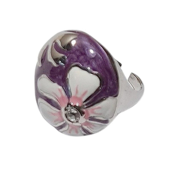 Edelstahlring mit lila-weißer Emaille-Blume