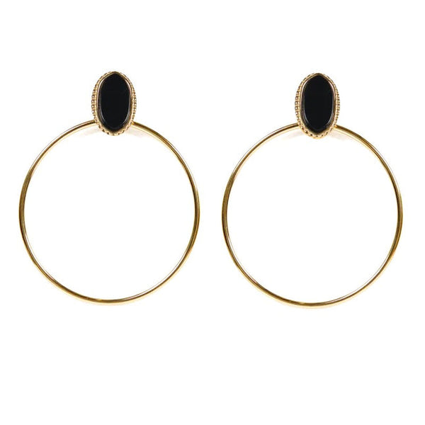 Rihanna stainless steel drop earrings with black agate natural stones