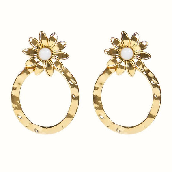 Stainless steel flower pendant earrings with natural white agate stones