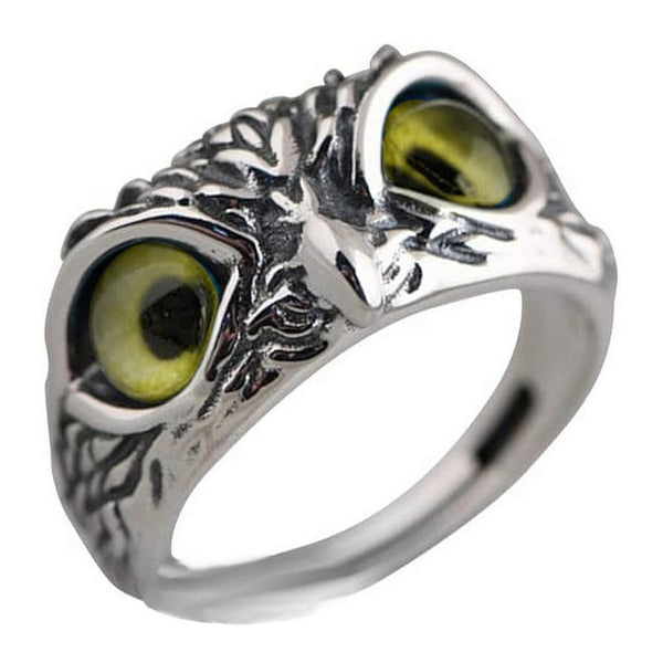 Edelstahlring mit Eulenkopf und gelben Augen
